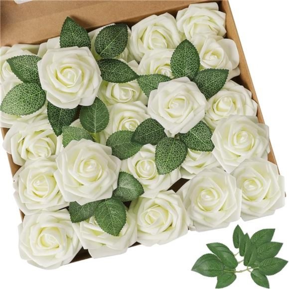 Artificial Flower Ivory Rose 25pcs Real Looking FakeRoses w/Stem for DIY Wedding - Picture 1 of 6